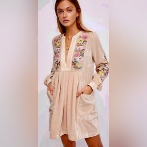 Free People Mia Cream Velvet Floral Embroidered Babydoll Dress